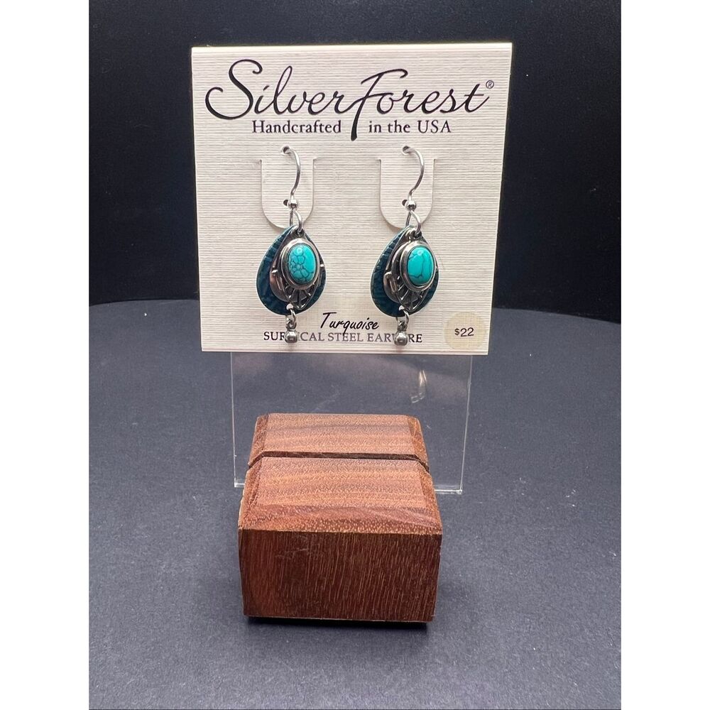 New! Silver Forest Turquoise Blue Green Layered Metal Drop Hook Earrings